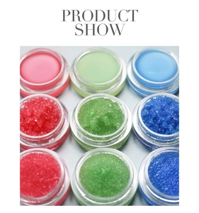 Top view of 3x3 grid display featuring nine colorful hydrating lip scrub glass jars