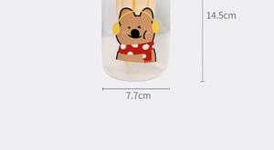 Detail showing glass cup dimensions 14.5cm by 7.7cm with a cute cartoon bear print
