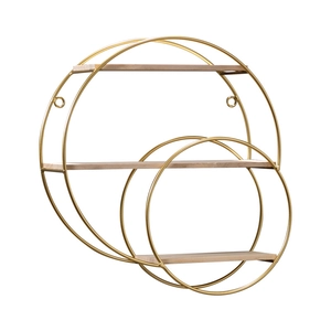 Nordic gold circular wall shelf with wood tiers for restaurant and cafe decor