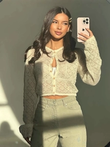 Women's Hollow Out Knit Cardigan Long Sleeve Cotton Polyester Sheer Button Up Crop Sweater Top Thin Sun Protection Outerwear