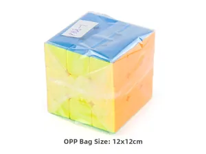 Close-up of a 5.7cm 3x3 speed cube educational toy in a clear 12x12cm OPP package bag