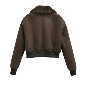 Brown faux suede aviator jacket with warm plush collar and ribbed cuffs for women