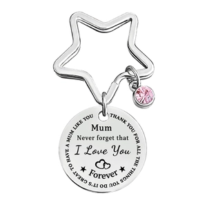 Star-shaped stainless steel keychain with pink crystal and engraved heart message for Mom