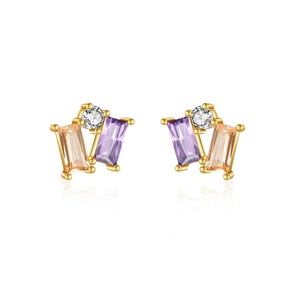 Elegant S925 sterling silver studs with champagne and purple square-cut zircons