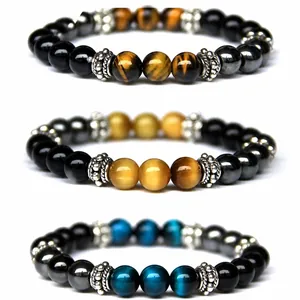 Natural Tiger Eye Stone Beaded Bracelet Obsidian Hematite Round Beads Elastic Energy Wristband For Men Women