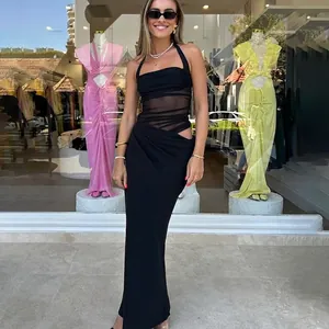 Black halter neck mesh patchwork maxi dress with side cut-outs and ruched details