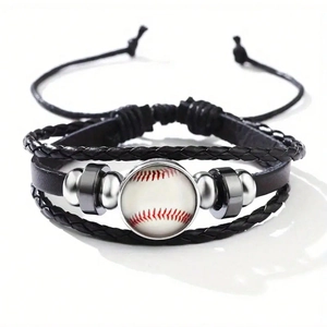 Multilayer braided leather sports bracelet with baseball glass charm and metal beads