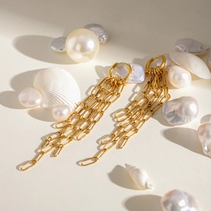 Elegant gold-plated stainless steel square hoop earrings with long chain tassels