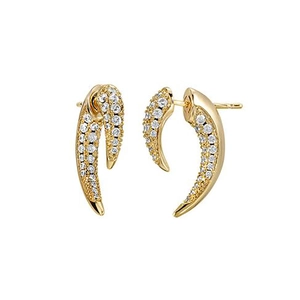Sparkling gold crescent horn stud earrings with cubic zirconia stones on white background