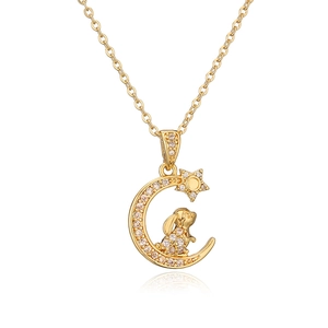 Luxury 18K gold plated moon and rabbit pendant necklace with zircon stones on white background