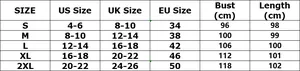 Size chart for slim long sleeve dress with US, UK, and EU measurements for S to 2XL sizes