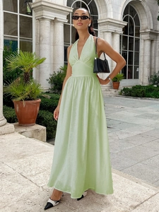 Pistachio green V-neck halter maxi dress with flared skirt in breathable cotton