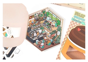 Close-up of hand-drawn Good Morning Cafe scene stickers for DIY scrapbooking decoration