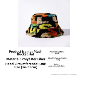 Faux fur bucket hat detail with colorful letters, 56-58cm head circumference and 8cm brim
