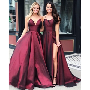 Wine Red Satin Evening Gown For Women Spaghetti Strap V-Neck High Slit Prom Party Formal Dress