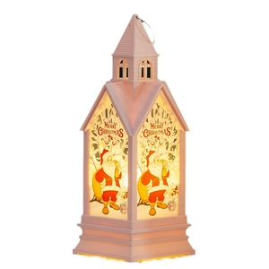 Luminous Christmas lantern with Santa Claus pattern and warm yellow light on white background