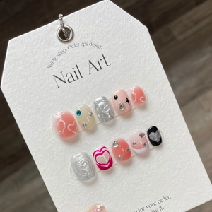 Handmade Press On Nails Metallic Heart Short Square Round Pink Ombre 3D Rhinestones Cool Style For Women