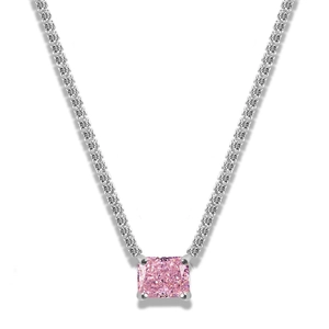 Close-up of a silver tennis necklace featuring a large emerald-cut pink zircon pendant