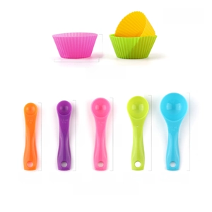 Kids colorful baking measuring set with silicone cupcake cups and five plastic spoons