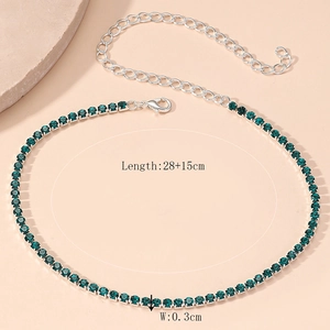 Detail view of green rhinestone choker with adjustable lobster clasp and dimensions