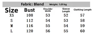 Size chart showing chest, shoulder, sleeve and length measurements for animal print jacket