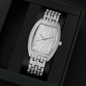 Luxury silver tonneau quartz watch for men with full iced-out diamonds in a black gift box