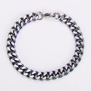 Detail view of 9mm stainless steel cuban chain bracelet showing rainbow plating and brushed metal