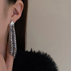 Close-up of metallic mesh tassel earrings with silver sequin texture for a modern style