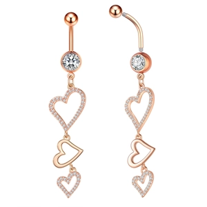 Detail view of rose gold belly ring featuring three heart dangles with clear cubic zirconia