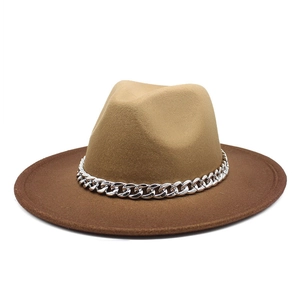 Two-tone wool fedora hat in khaki and brown with a stylish silver chain accent