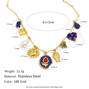 18K gold plated stainless steel necklace with blue stone, pearl and mixed pendants