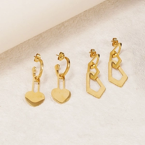 18K gold plated geometric stainless steel heart and polygon drop earring set for women