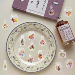 50pcs waterproof clear PET stickers featuring botanical flowers in transparent jars