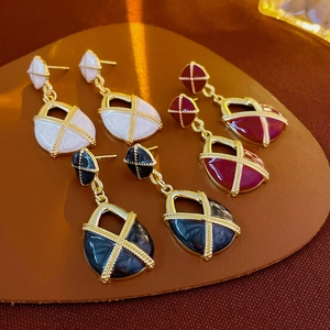 Boucles D'oreilles Géométriques En Alliage Émaillé Avec Tige En Argent Style Palais Français Pour Femmes