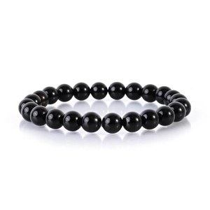 Polished black agate beaded bracelet for men and women featuring smooth round natural stones