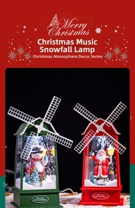 Détail de lanternes musicales de Noël style moulin avec figurines de bonhomme de neige