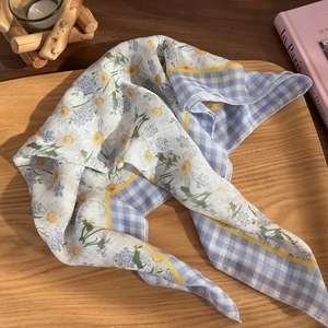 Floral cotton linen headscarf with daisy patterns and blue plaid detail for women