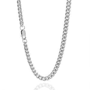 Detailed view of silver stainless steel Cuban link necklace with polished finish and clasp