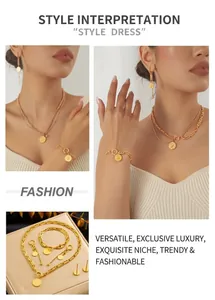 Detail of vintage gold plated stainless steel coin necklace and earring set on model