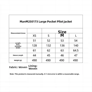 Size chart detail for oversized bomber jacket with large pockets and woven lining