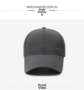 Close-up of dark grey baseball cap with SPORTS logo and laser-cut ventilation holes