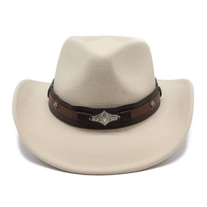 Detail of cream western cowboy hat featuring brown leather band with engraved silver buckle