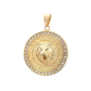 Hip hop gold lion head pendant with compass roman numerals and sparkling rhinestones
