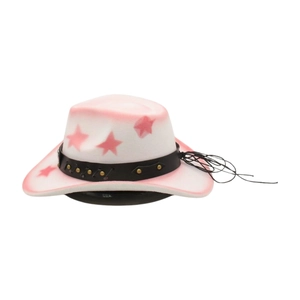 Detail of white wool cowboy hat featuring pink stars and black studded leather band