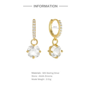 Detail of S925 sterling silver hoop earrings with cushion cut AAAA zirconia drops