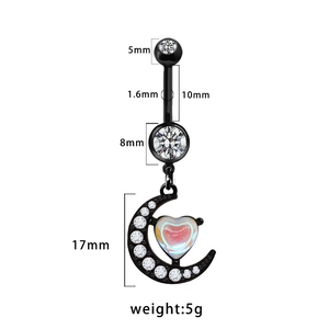 Black heart moon belly ring with iridescent glass and size dimensions for piercing