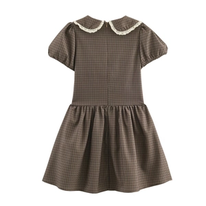 Girls brown plaid A-line dress with white lace Peter Pan collar and short sleeves