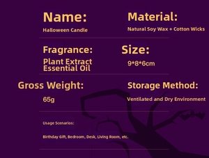 Detailed infographic showing natural soy wax Halloween ghost candle specs and ingredients