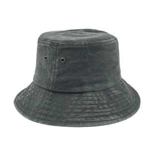 Detailed view of washed dark grey denim bucket hat with metal eyelets and stitched brim