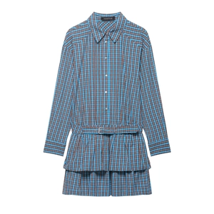 Robe Courte À Carreaux Manches Longues Robe Chemise Avec Ceinture Boutonnée Ourlet À Volants Bleu Brun Polyester Femmes